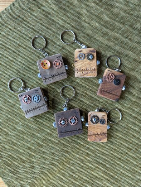 handmade wooden robot keychains